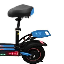 Electric bike front wheel with fender, black seat, blue headlight housing, rear lights