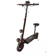 Folding electric scooter with seat, front view, black deck and tires visible