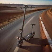 Folding electric scooter with seat, angled view of handlebar, deck, and front wheel