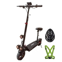 Folding electric scooter with seat, black frame, front wheel and handlebars visible
