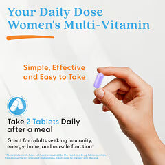 Hand holding purple multi-vitamin tablets from women's bottle