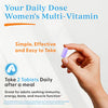 Hand holding purple multi-vitamin tablets from women's bottle