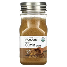 Ground cumin spice jar with flip-top lid, USDA organic label on front