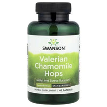 Swanson Valerian Chamomile Hops herbal supplement bottle with black cap, 60 capsules label