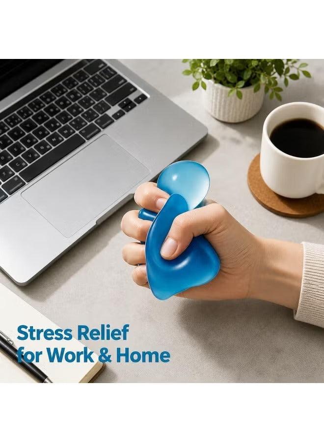 Blue soft cube stress toy being squeezed in a hand