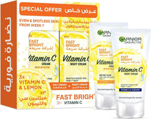 Garnier SkinActive Fast Bright Vitamin C cream bundle, two white-and-yellow tubes