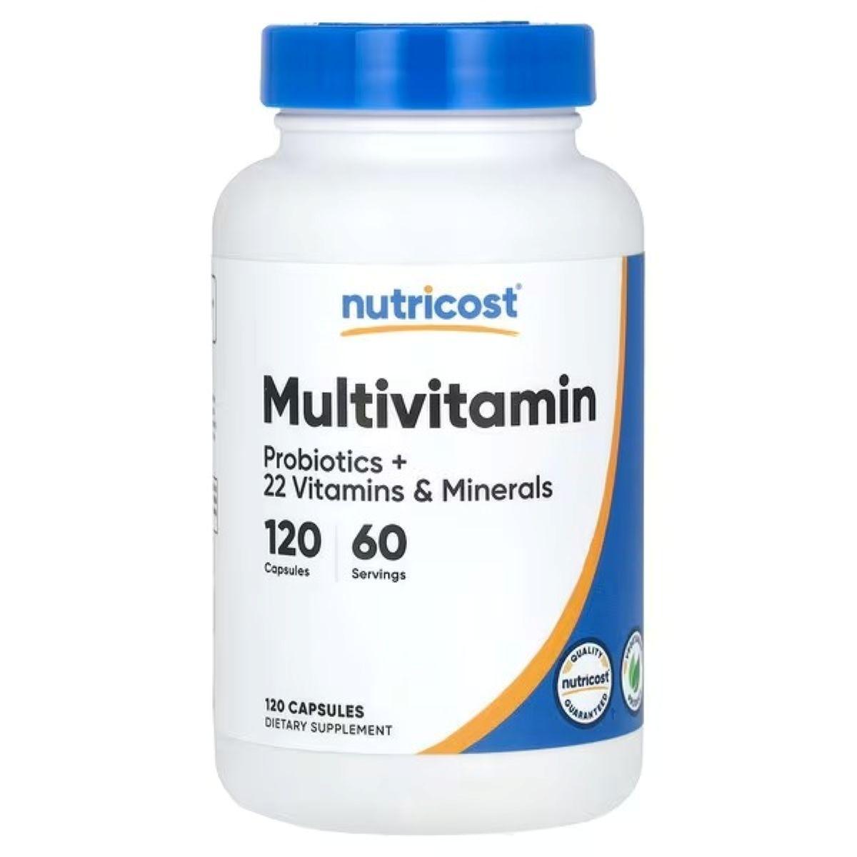 Nutricost multivitamin probiotics supplement bottle, blue cap, 120 capsules label