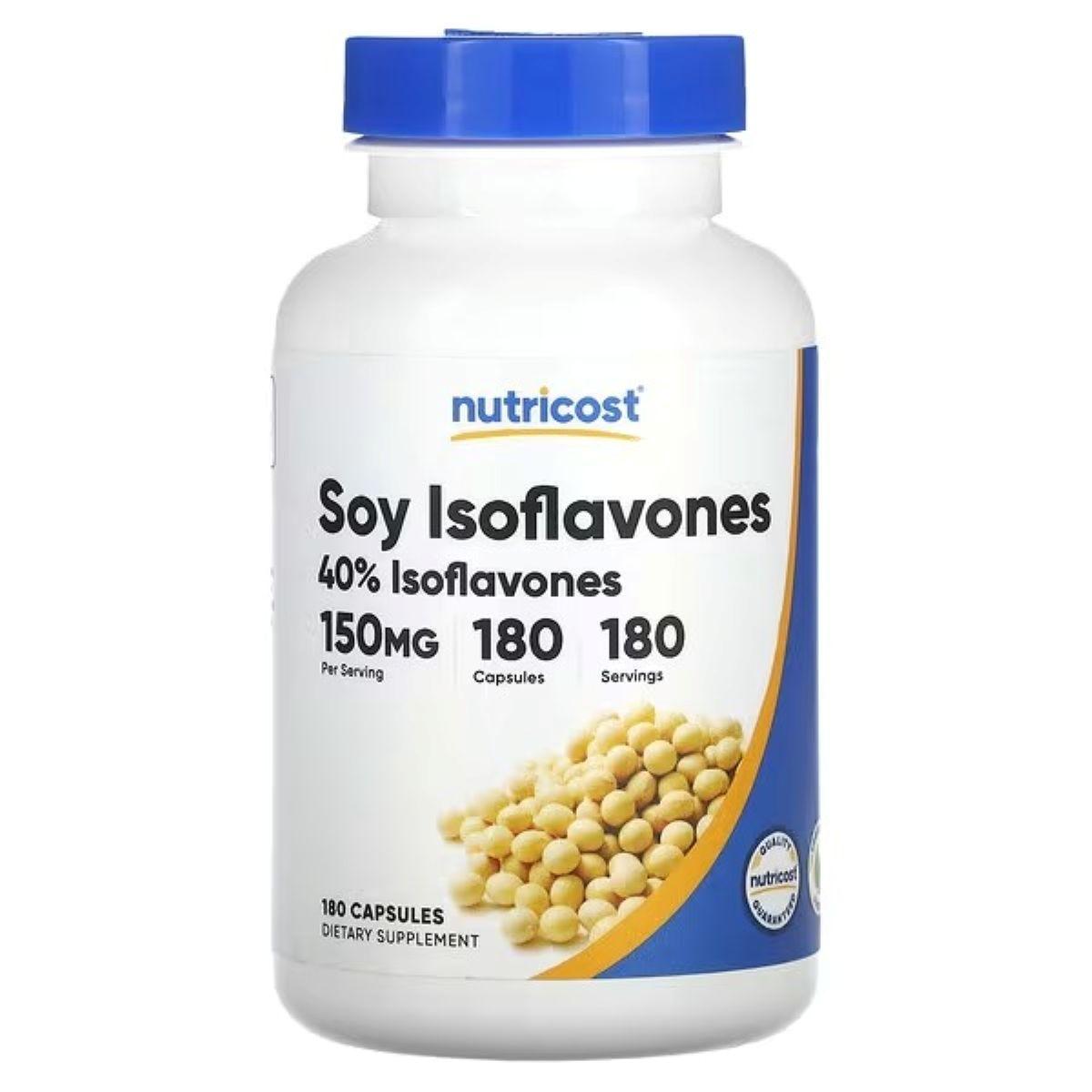 Soy isoflavones supplement bottle with blue cap and front label (150 mg, 180 capsules)