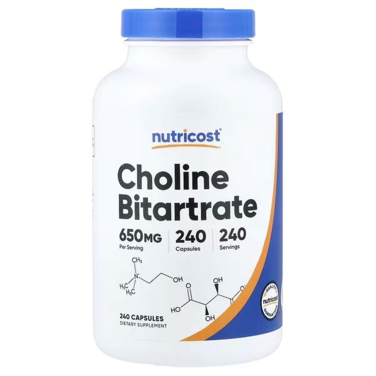 Nutricost Choline Bitartrate supplement bottle, 650 mg, 240 capsules, front label