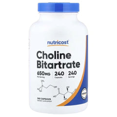 Nutricost Choline Bitartrate supplement bottle, 650 mg, 240 capsules, front label