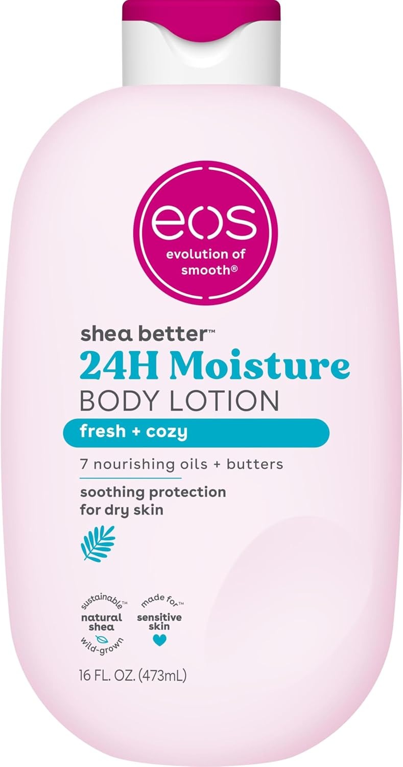 eos Shea Better Body Lotion Fresh & Cozy, 24-Hour Moisture Skin Care, Lightweight & Non-Greasy, Made with Natural Shea, Vegan, 16 fl oz