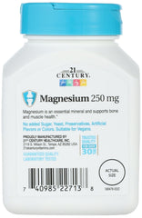 White bottle with blue cap of 21st Century Magnesium 250mg tablets. Front label shows 250 mg supplement for bone and muscle health