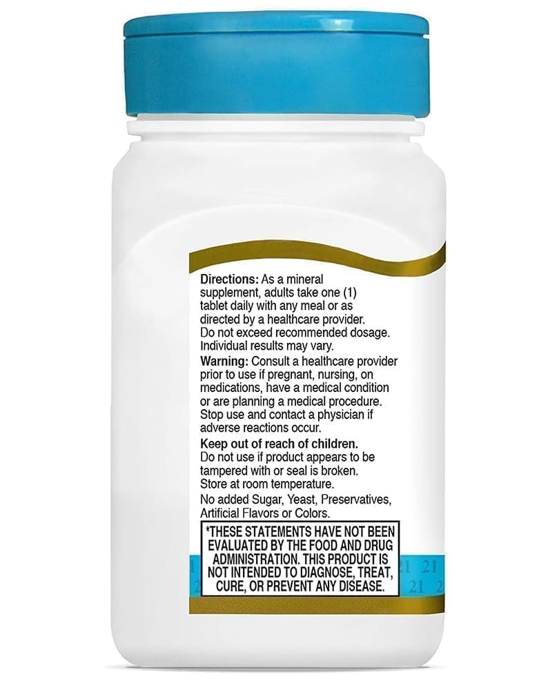 Back of white supplement bottle with blue cap showing back label and 21st Century Magnesium 250mg tablets