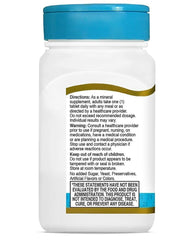 Back of white supplement bottle with blue cap showing back label and 21st Century Magnesium 250mg tablets