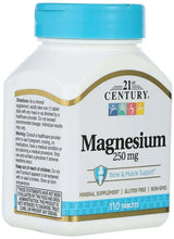 Magnesium 250 mg supplement bottle with bone & muscle support and 110 tablets label