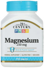 Magnesium 250 mg supplement bottle with blue cap and bone & muscle support label