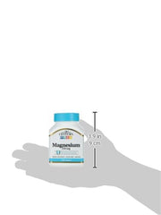 21st Century Magnesium 250mg tablets white supplement bottle with blue cap shown on hand silhouette and size