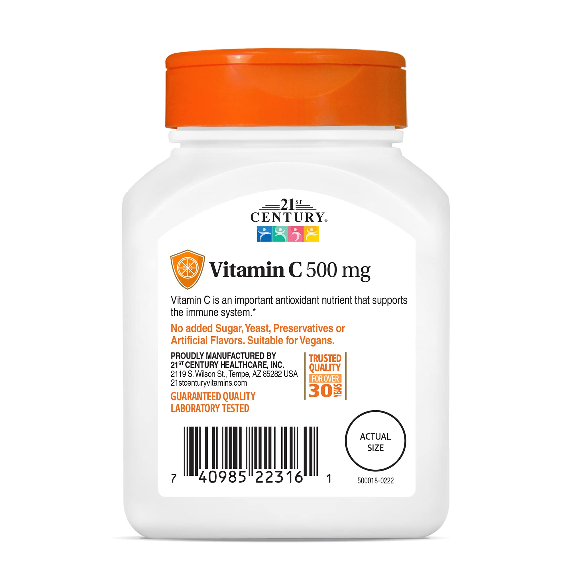 21st Century Vitamin C 500mg tablets white plastic bottle with orange cap immune support supplement