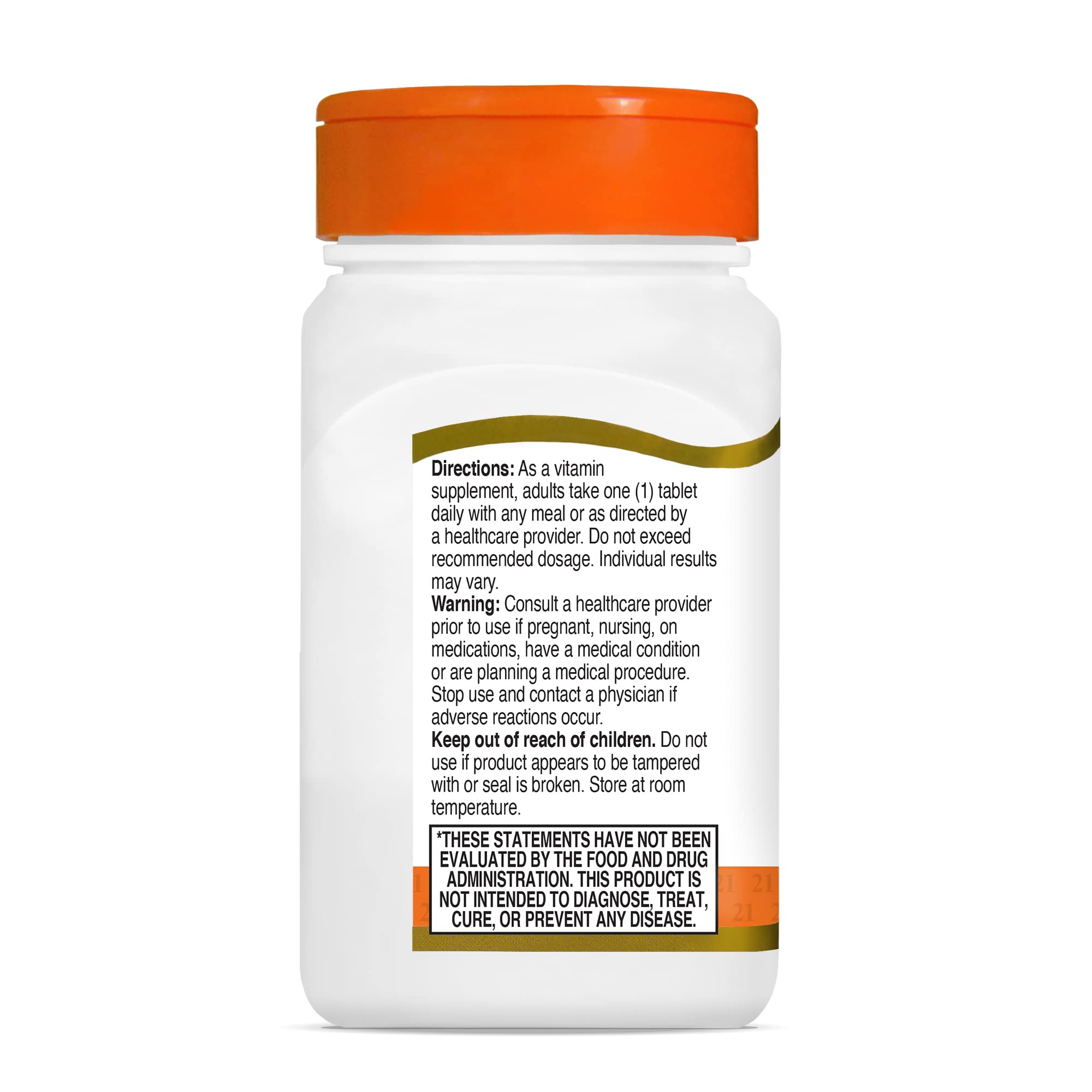 21st Century Vitamin C 500mg tablets. white supplement bottle with orange cap and nutrition label