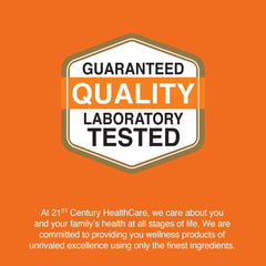 21st Century Vitamin C 500mg tablets promotional image showing guaranteed quality laboratory tested badge on orange background