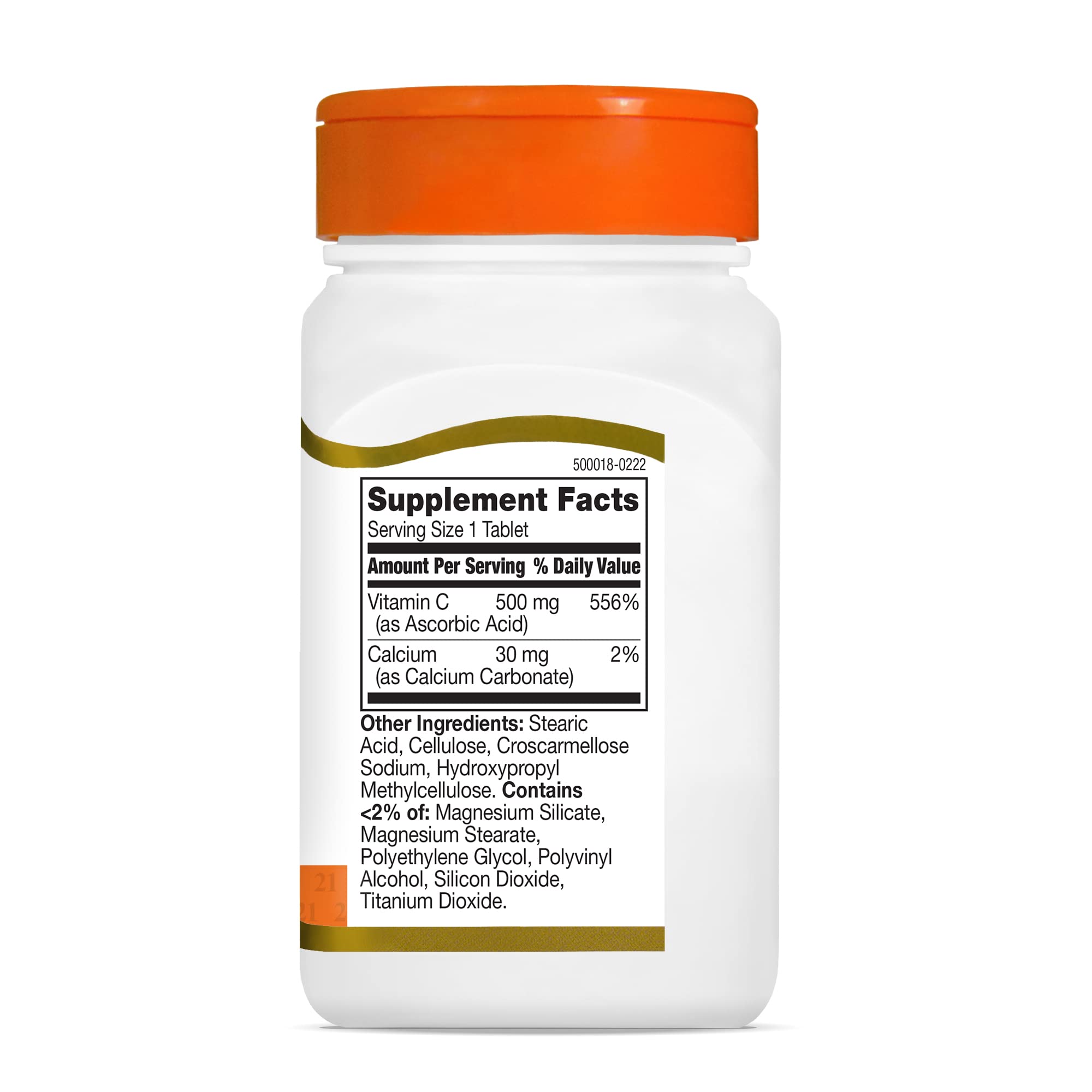 21st Century Vitamin C 500mg tablets white bottle with orange cap showing supplement facts label and ingredient list