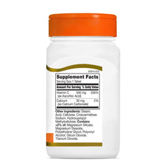 21st Century Vitamin C 500mg tablets white bottle with orange cap showing supplement facts label and ingredient list