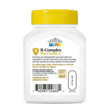 Supplement bottle back panel with barcode and B-Complex Plus Vitamin C label