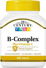 B-Complex vitamin supplement bottle, yellow cap, 100 tablets label