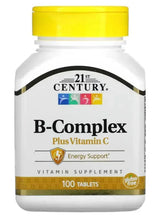 B-Complex Plus Vitamin C supplement bottle with yellow cap, front label, 100 tablets