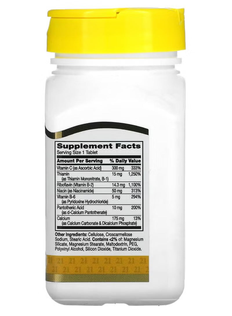B complex with vitamin C tablets in a white bottle displaying supplement facts and ingredients