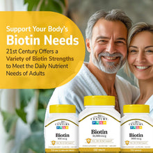 Biotin supplement bottles with yellow caps and a smiling couple