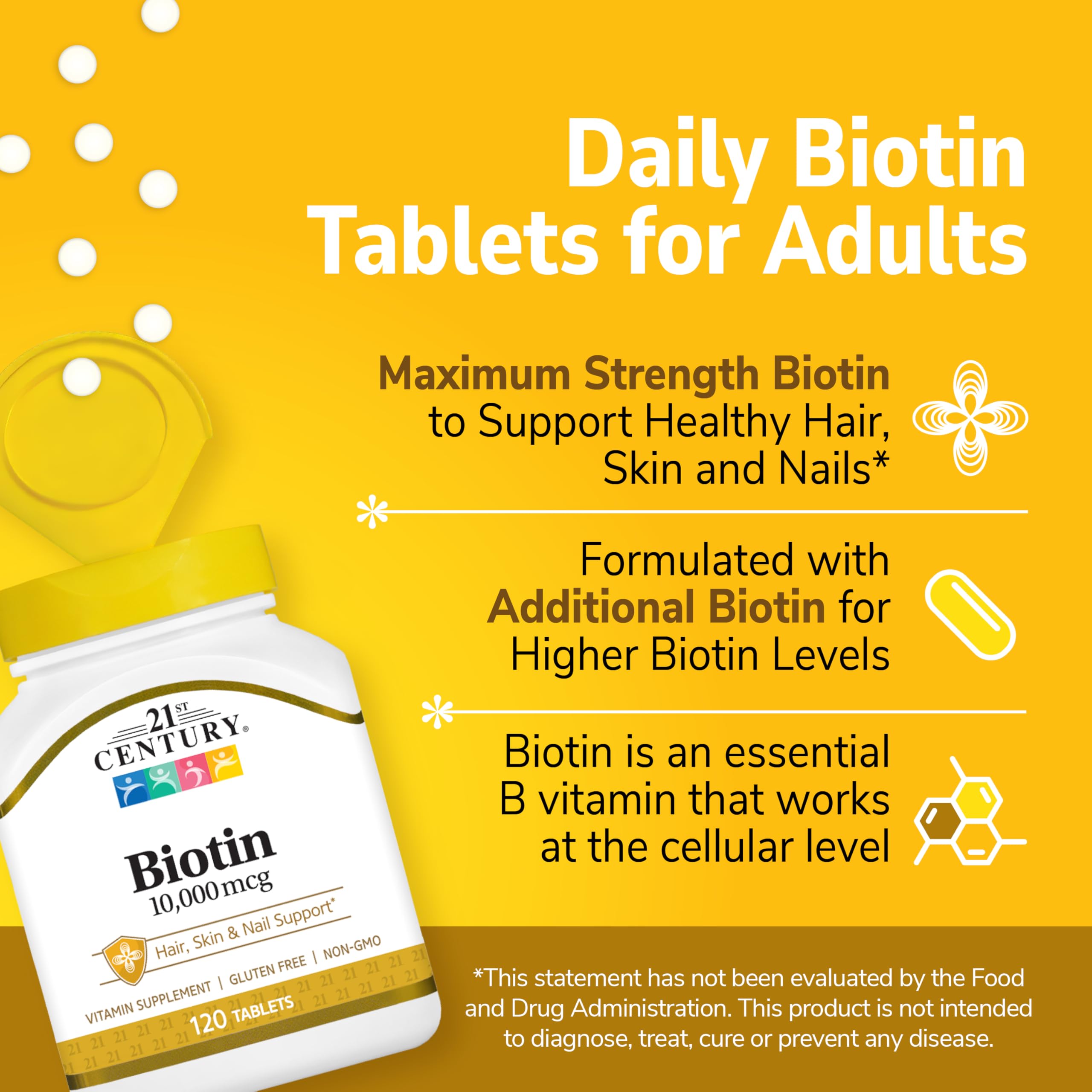 21st Century yellow bottle of Biotin 10000 mcg Daily Tablets for Adults 120 count biotin 10000 mcg tablets UAE