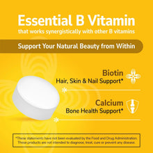 Essential B vitamin marketing panel showing biotin and calcium support