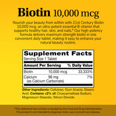 21st Century Biotin 10000 mcg product label with supplement facts and benefits for hair skin nails biotin 10000 mcg tablets UAE