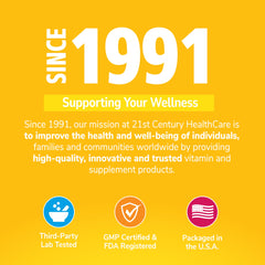 21st Century wellness banner since 1991 showing third party lab tested and packaged in USA for biotin 10000 mcg tablets UAE