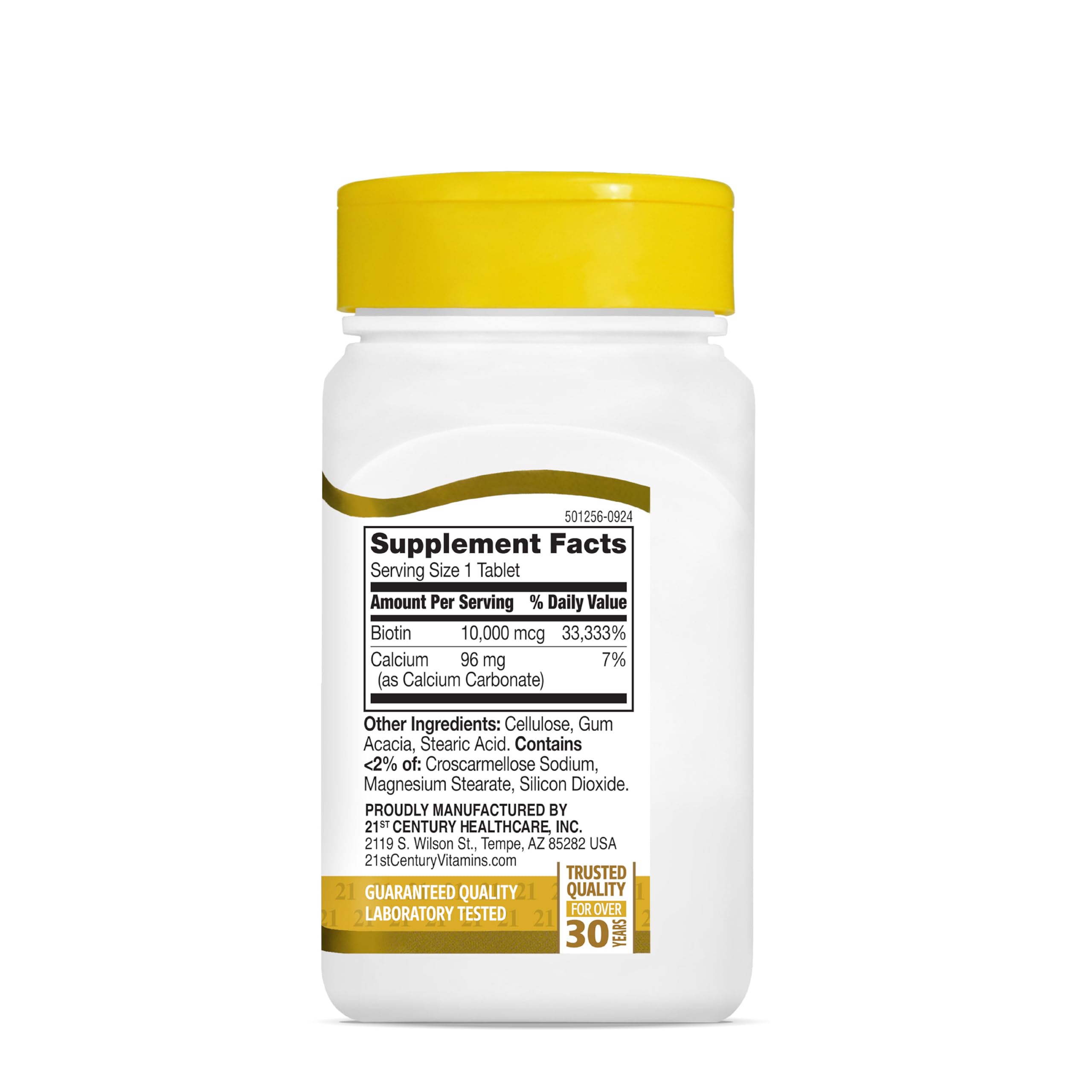 21st Century biotin 10000 mcg tablets UAE bottle with yellow cap and supplement facts label front view