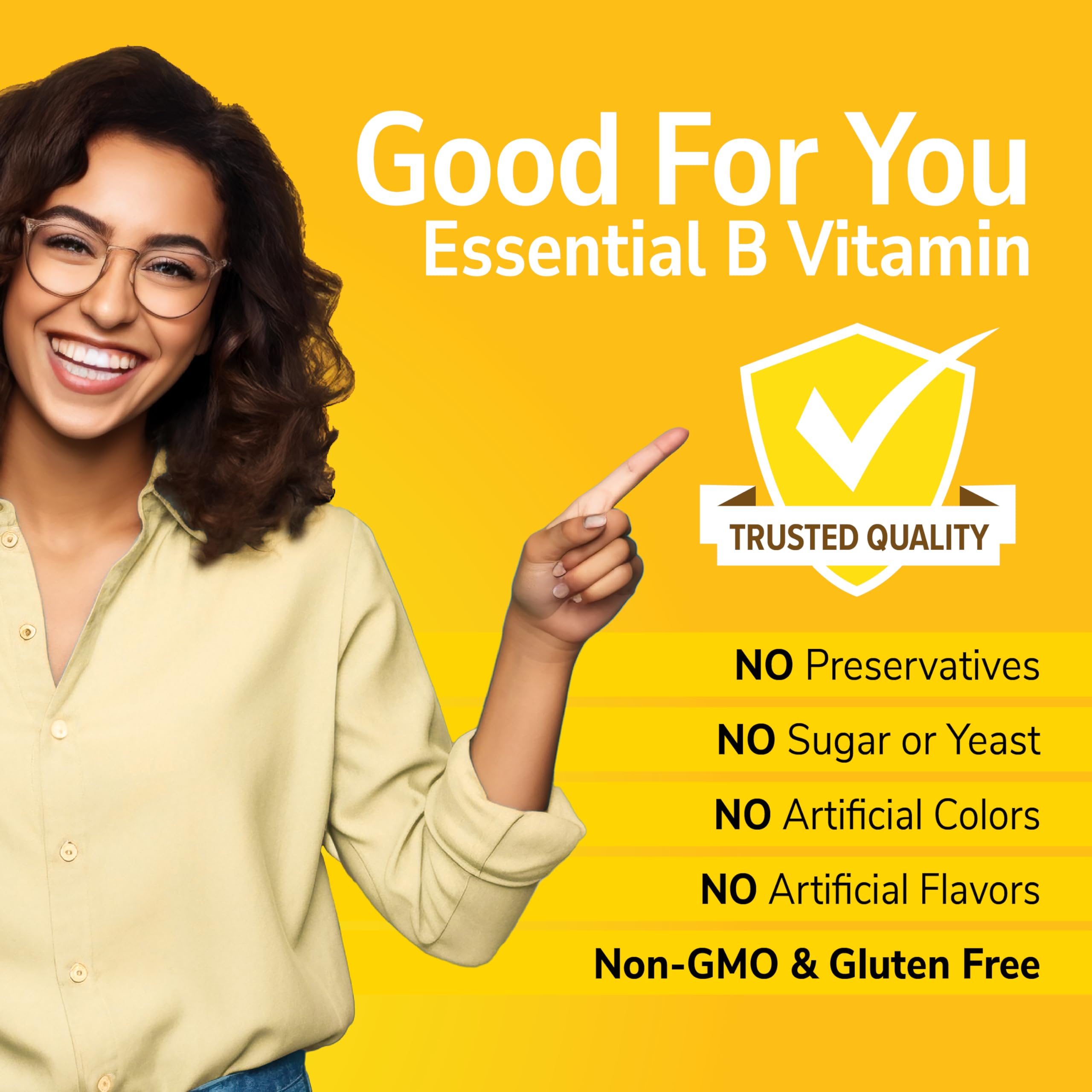 21st Century supplement ad with smiling woman pointing to Trusted Quality claims for biotin 10000 mcg tablets UAE