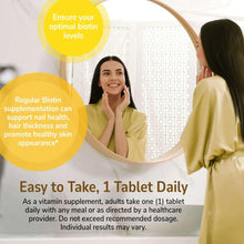 Woman looking in a mirror with biotin benefits text on a marketing panel