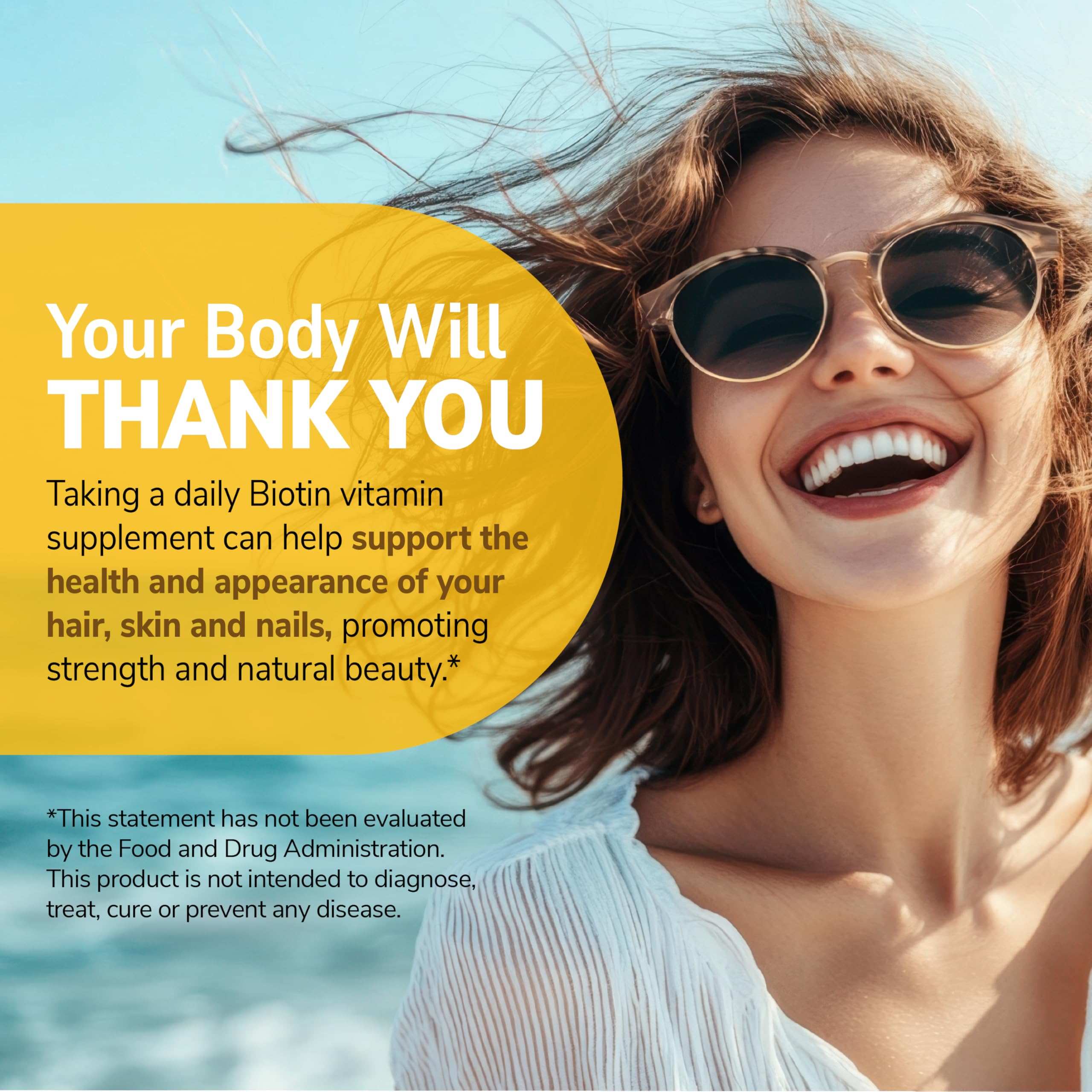 Smiling woman in sunglasses with promotional text about hair skin and nails benefits biotin 10000 mcg tablets UAE