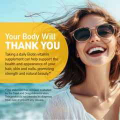 Smiling woman in sunglasses with promotional text about hair skin and nails benefits biotin 10000 mcg tablets UAE