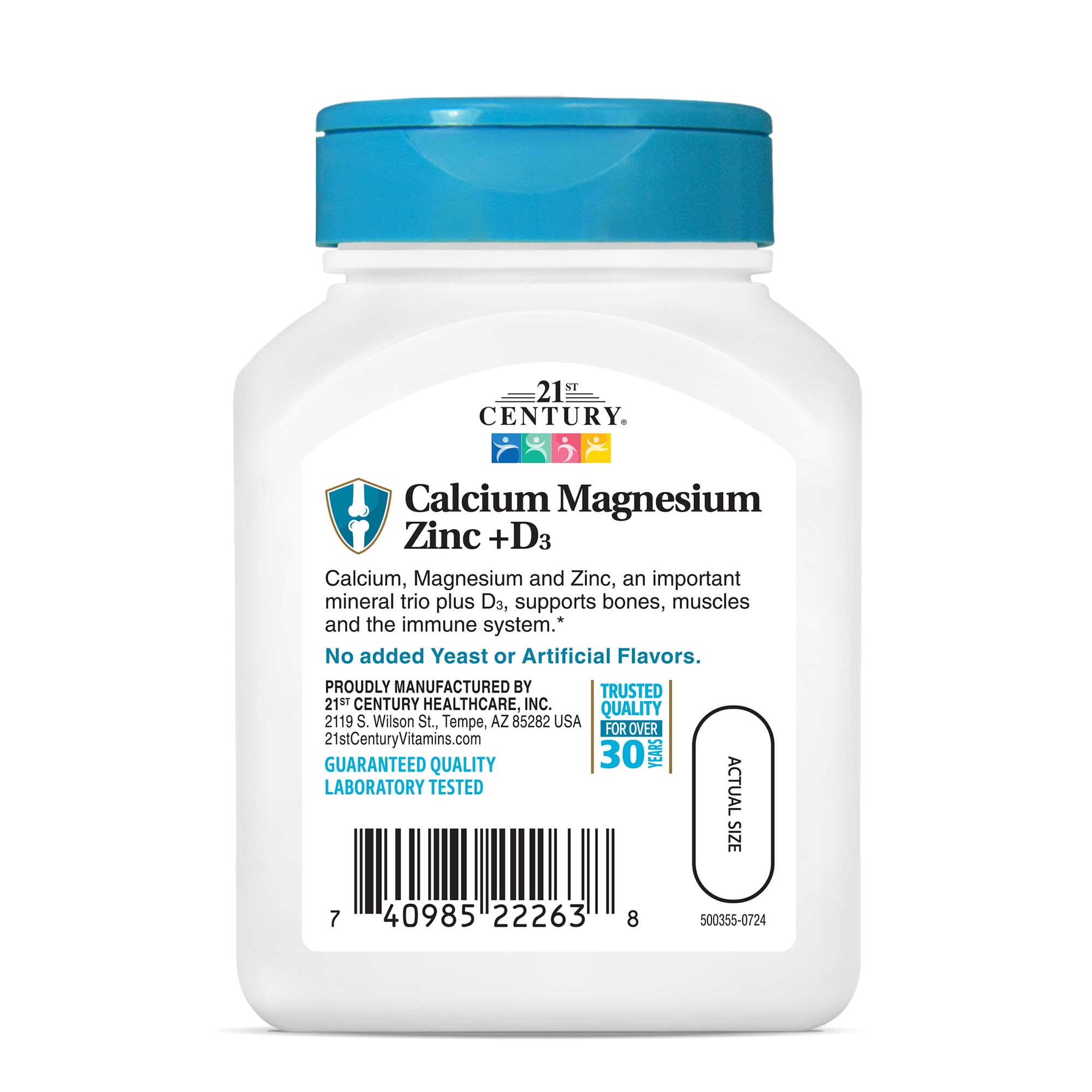 21st Century white supplement bottle with blue cap labeled calcium magnesium zinc vitamin d tablets 30 day supply