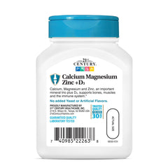 21st Century white supplement bottle with blue cap labeled calcium magnesium zinc vitamin d tablets 30 day supply