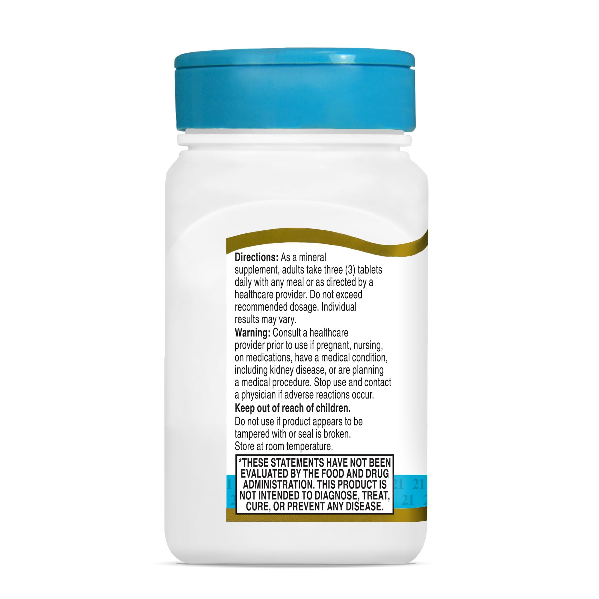 21st Century supplement bottle with blue cap showing back label directions warnings calcium magnesium zinc vitamin d tablets