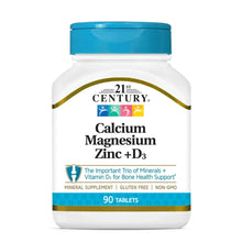 Calcium magnesium zinc +D3 supplement bottle, blue cap, 90 tablets label
