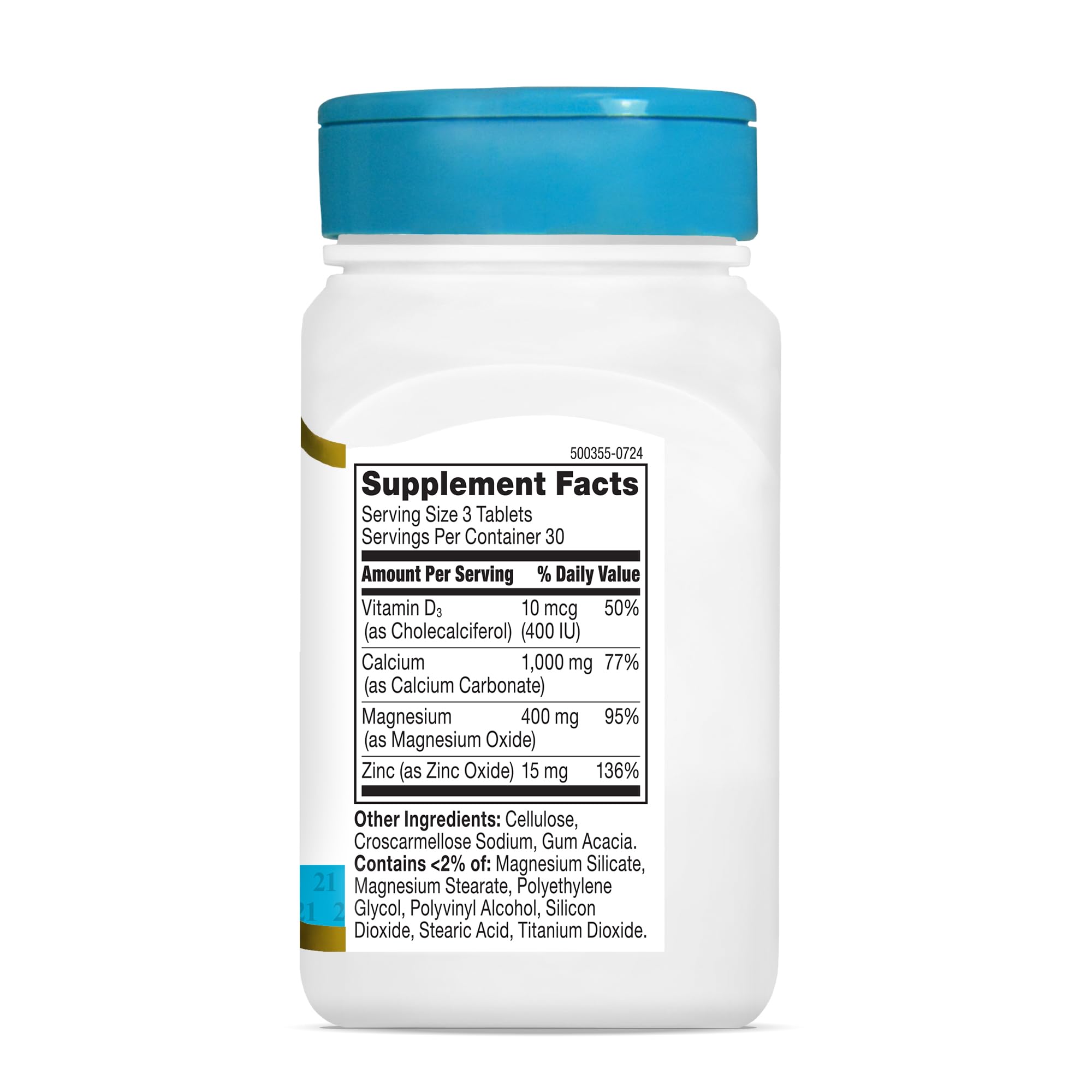21st Century white supplement bottle with blue cap showing Supplement Facts for calcium magnesium zinc vitamin d tablets
