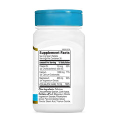 21st Century white supplement bottle with blue cap showing Supplement Facts for calcium magnesium zinc vitamin d tablets