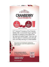 Cranberry probiotic supplement box showing dosing note: 2 tablets equal cranberry juice
