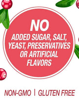 No added sugar badge and gluten-free claim on probiotic cranberry supplement label