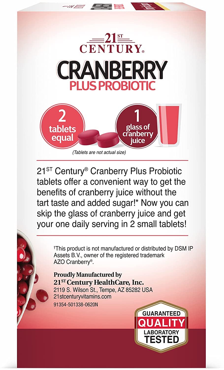 21st Century Cranberry Plus Probiotic box showing two tablets equal one glass of cranberry juice cranberry probiotics tablets UAE