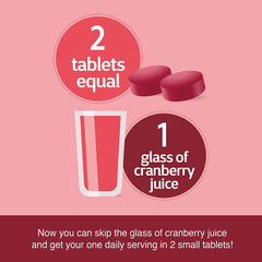21st Century image showing two red tablets equal one glass of cranberry juice for cranberry probiotics tablets UAE daily use